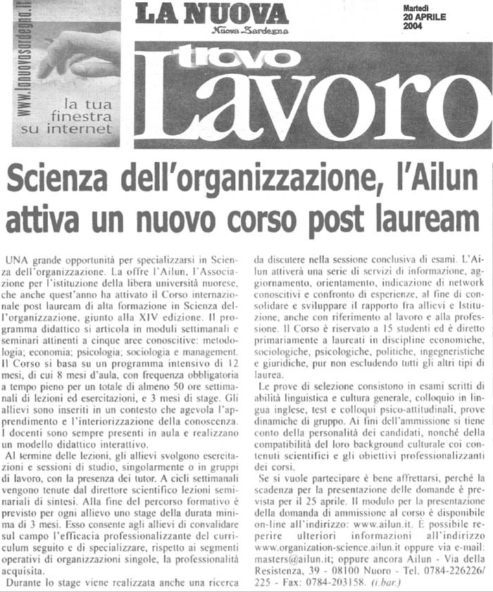 La Nuova Sardegna - Trovo Lavoro 20 aprile 2004