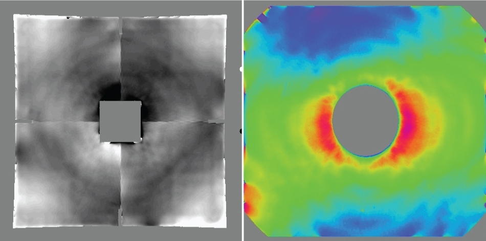 Il risultato delle analisi è visualizzato in due modi diversi per due tipi di specchi e rappresenta l’errore d’inclinazione del profilo. (Immagini: AILUN)